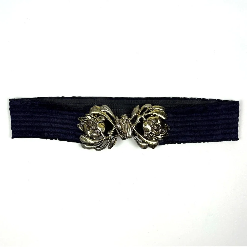 VTG 80s Waist Cincher Floral Buckle Belt Gold Hardware Navy Elastic Band Boho